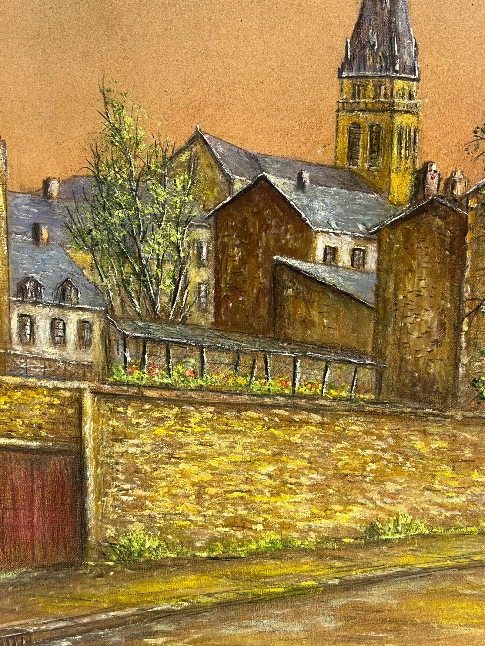 Jean Fourie; Quiet Street with Blossoming Tree and Church Spire at Dusk Oil Painting, 1950 - 10