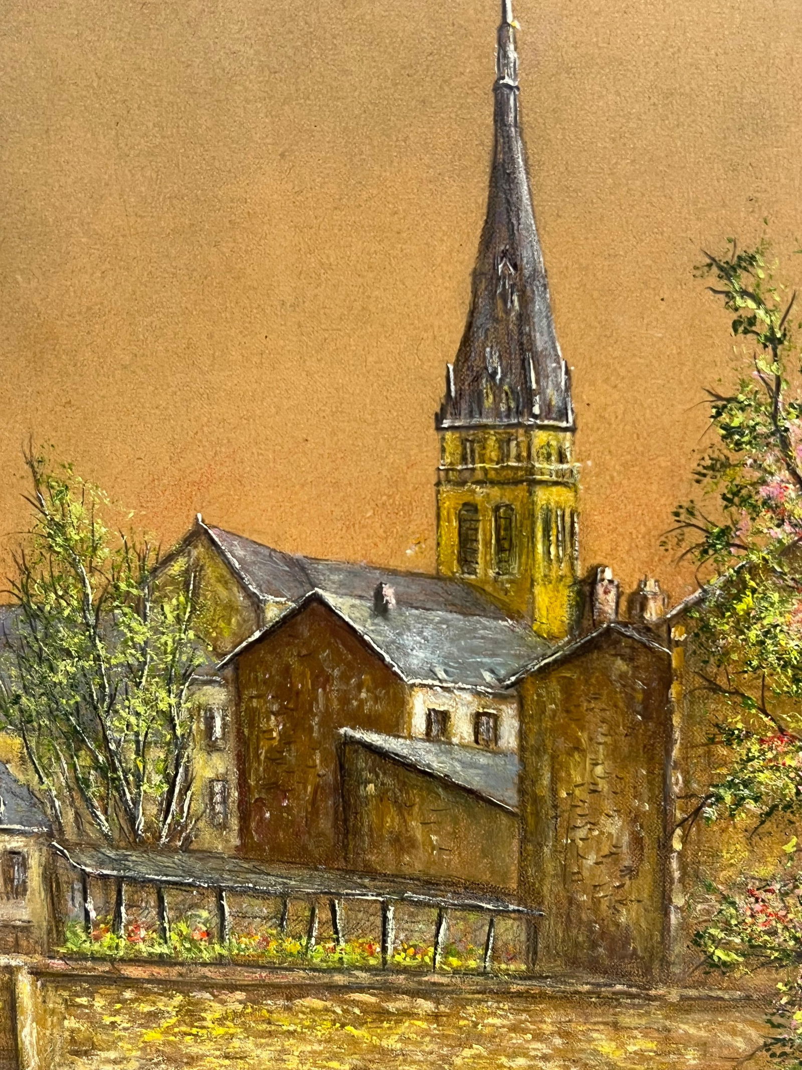 Jean Fourie; Quiet Street with Blossoming Tree and Church Spire at Dusk Oil Painting, 1950 - 2