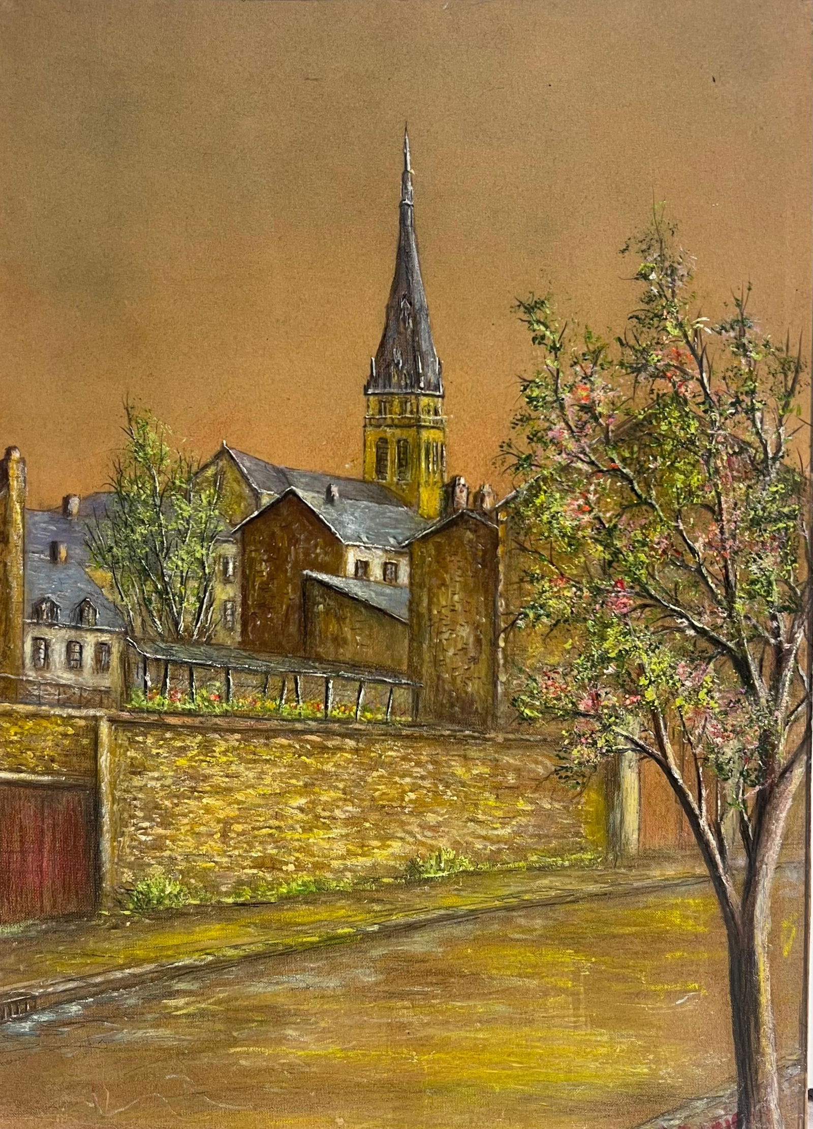 Jean Fourie; Quiet Street with Blossoming Tree and Church Spire at Dusk Oil Painting, 1950 - 4