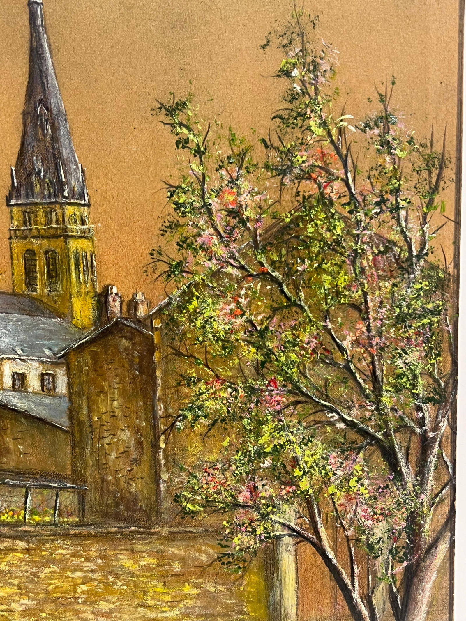 Jean Fourie; Quiet Street with Blossoming Tree and Church Spire at Dusk Oil Painting, 1950 - 5