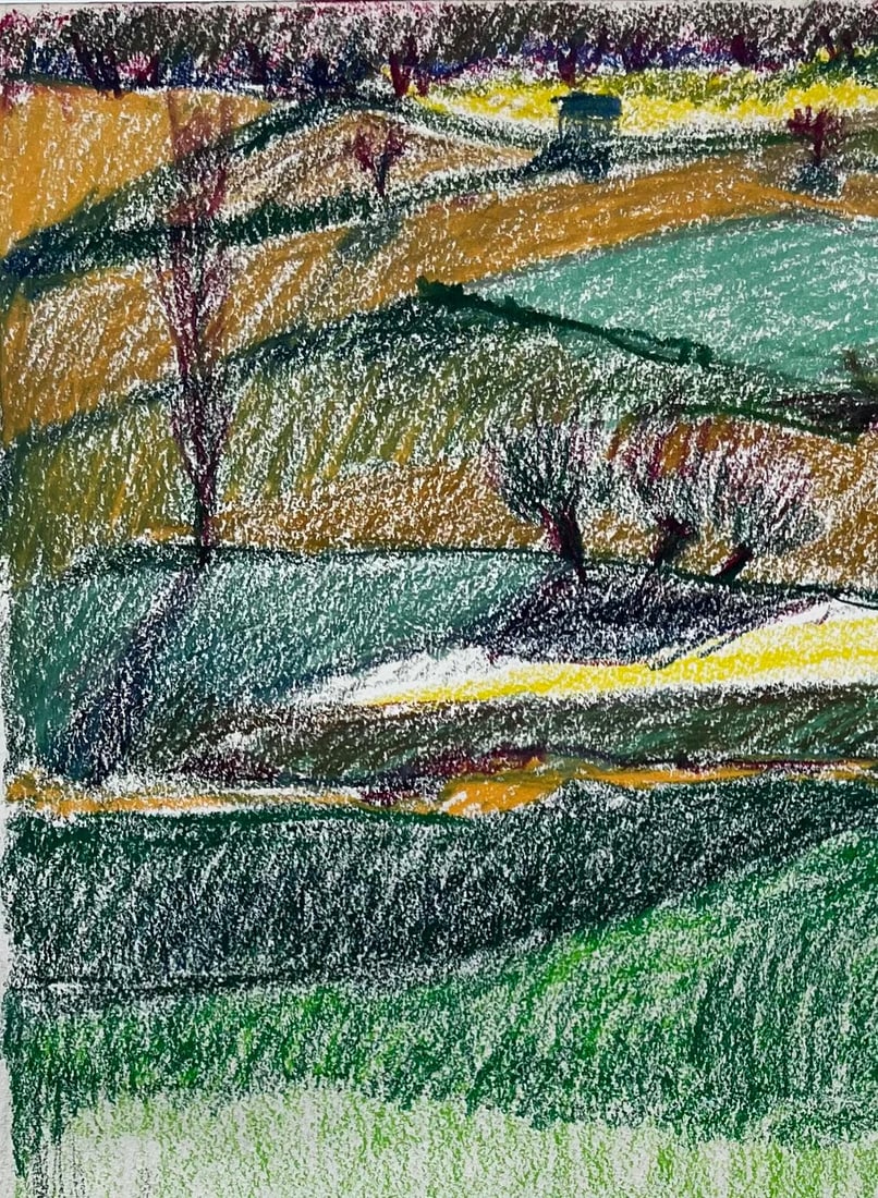 Guy Nicod; French Rolling Hills with Meadows and Wildflowers Pastel Landscape Drawing - 6