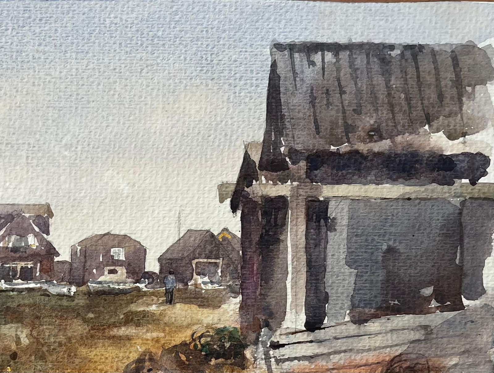 Anthony Herbert; Walberswick Coastal Cottages with Figures and Fishing Shed Watercolour Scene - 7