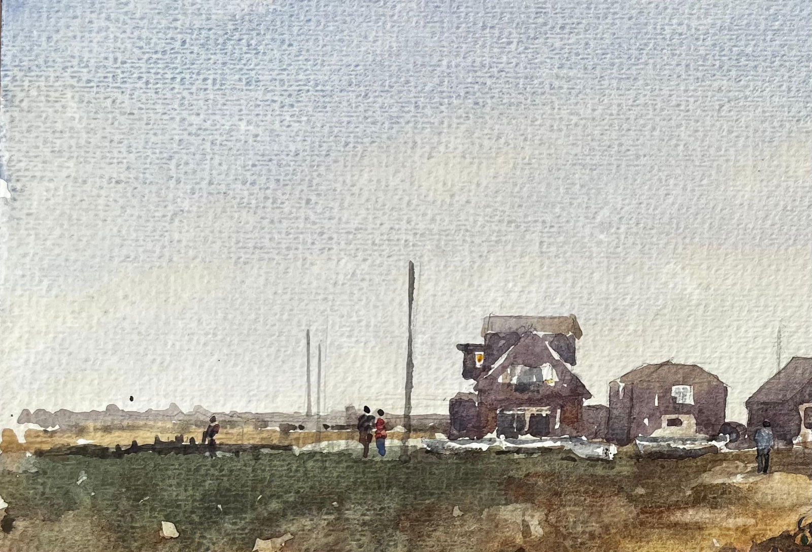 Anthony Herbert; Walberswick Coastal Cottages with Figures and Fishing Shed Watercolour Scene - 9