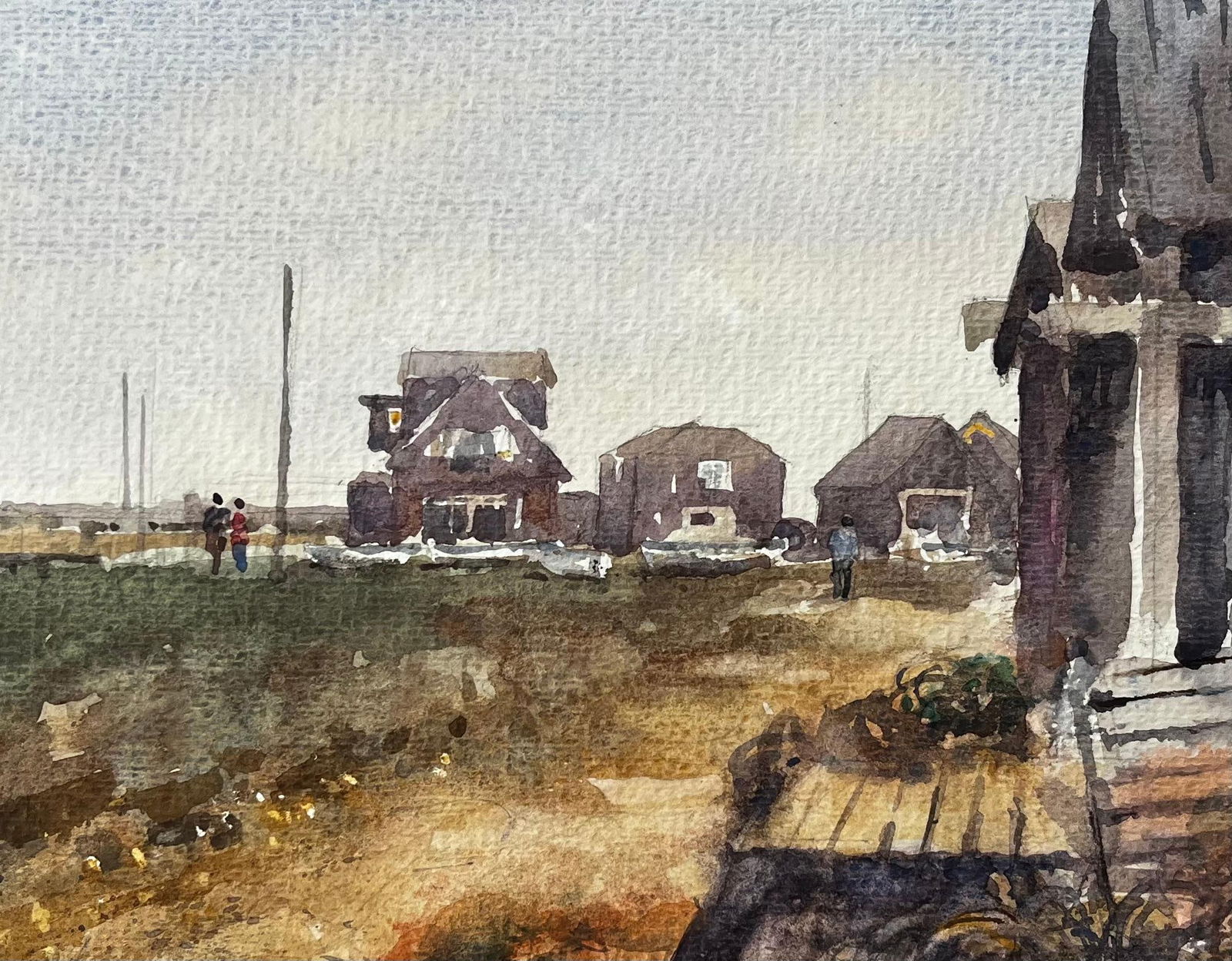 Anthony Herbert; Walberswick Coastal Cottages with Figures and Fishing Shed Watercolour Scene - 10
