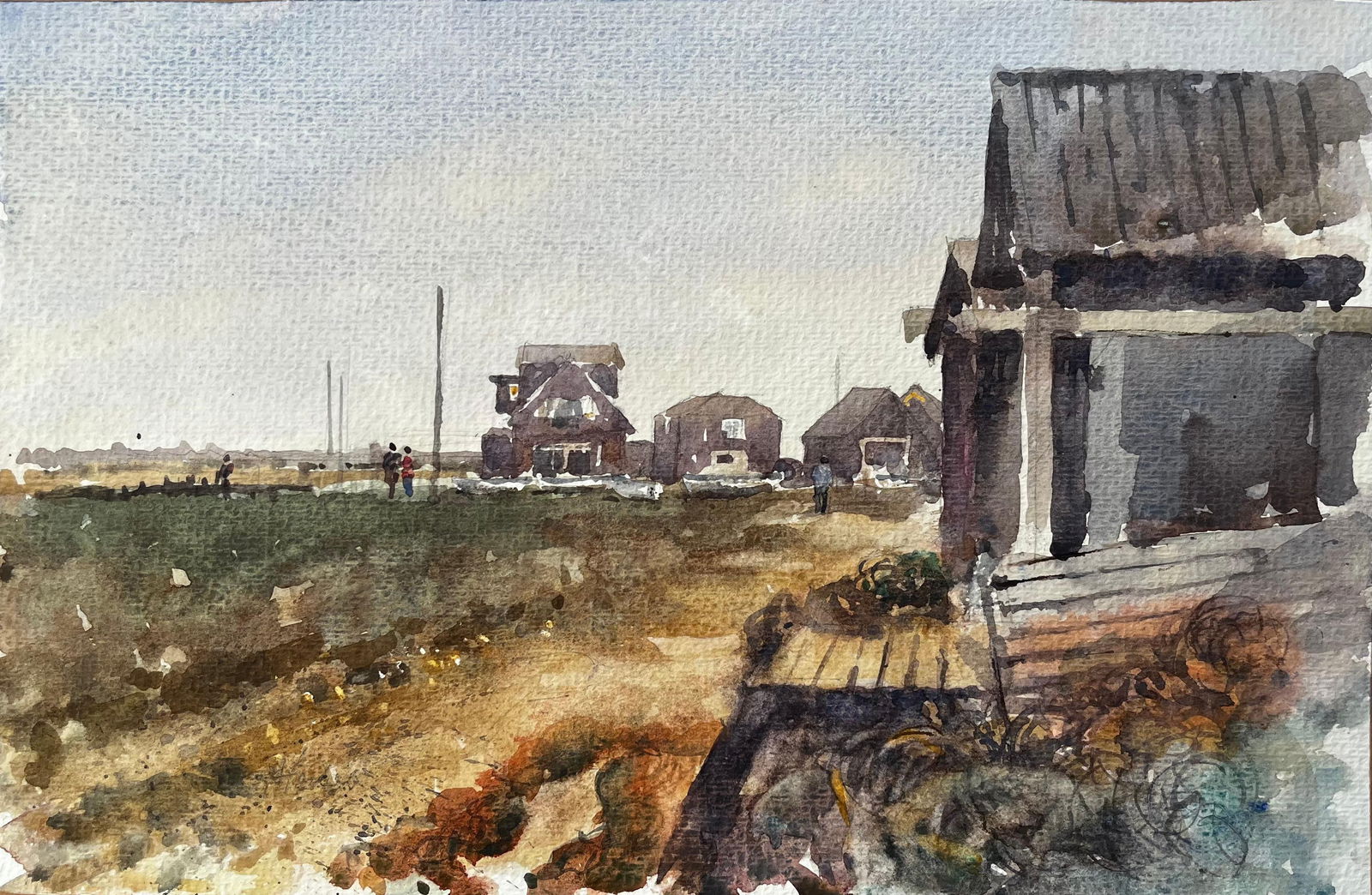 Anthony Herbert; Walberswick Coastal Cottages with Figures and Fishing Shed Watercolour Scene (1 of 13)
