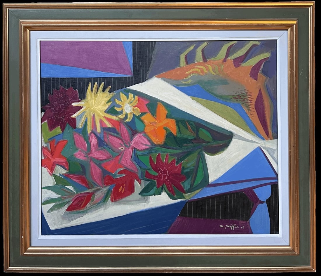 M. Peiffer; 1940s French Fauvist Modernist Still Life Flowers on Table Interior Oil Painting, 1946 - 4