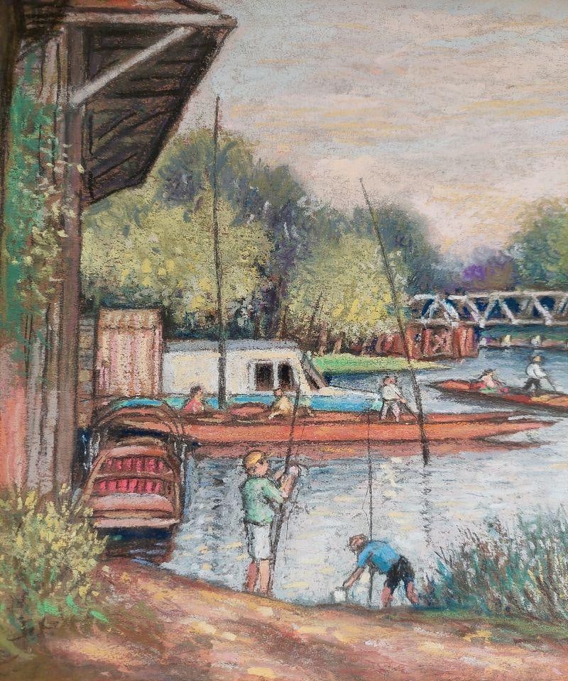 English School; 20th Century Traditional English Pastel Summer Evening by the Thames, 20th Century - 9