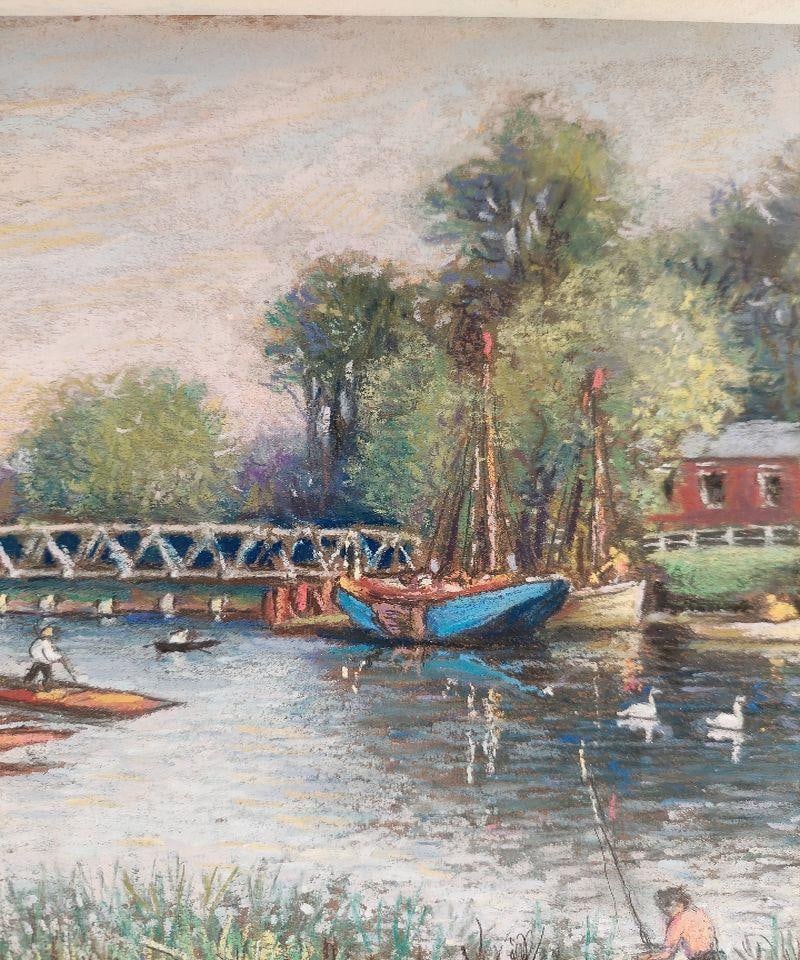 English School; 20th Century Traditional English Pastel Summer Evening by the Thames, 20th Century - 12