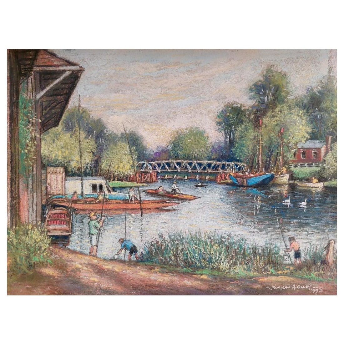 English School; 20th Century Traditional English Pastel Summer Evening by the Thames, 20th Century: Title: English School; 20th Century Traditional English Pastel Summer Evening by the Thames, 20th Century Description: Artist/ School: Norman A. Olley ( British, 20th Century, 1908-1996), 1995, signed