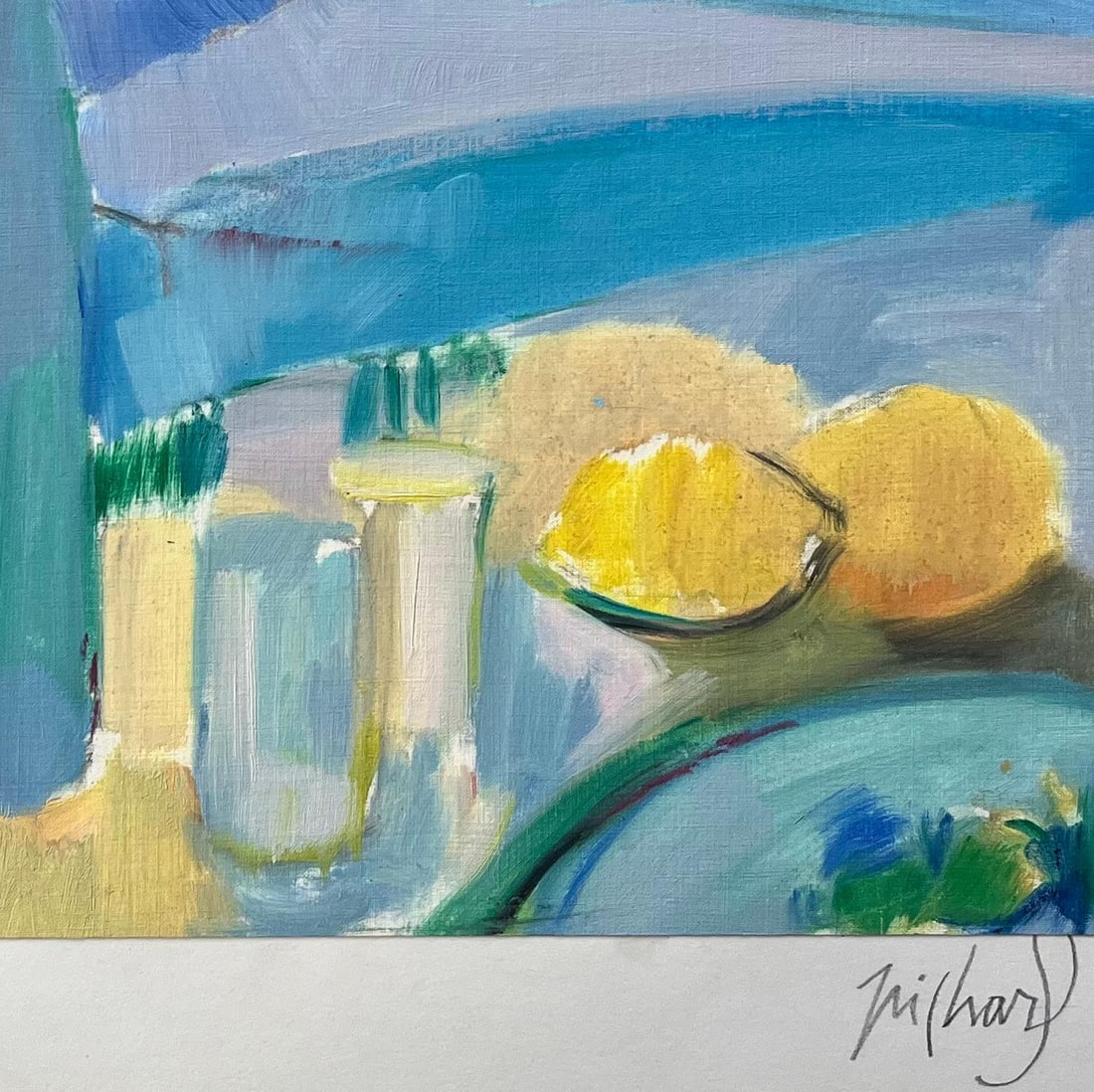 Roland Pichard; Original Oil Painting of a Vibrant Still Life with Lemons and Bottle - 8