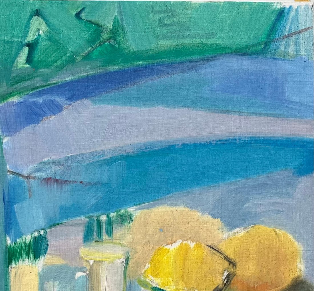 Roland Pichard; Original Oil Painting of a Vibrant Still Life with Lemons and Bottle - 2