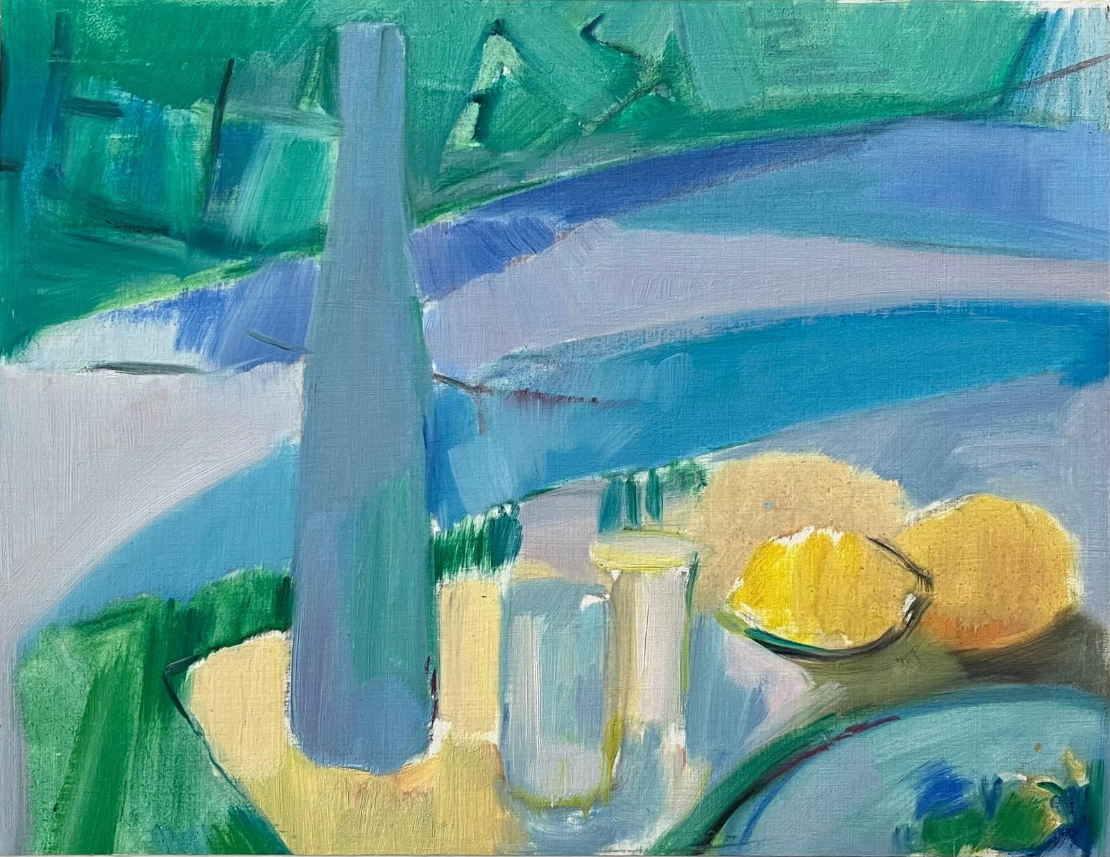 Roland Pichard; Original Oil Painting of a Vibrant Still Life with Lemons and Bottle - 4