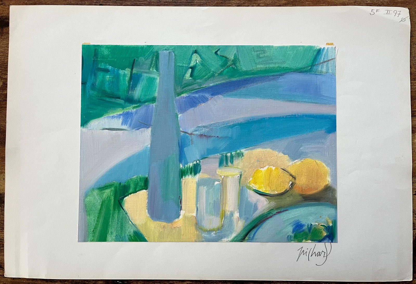 Roland Pichard; Original Oil Painting of a Vibrant Still Life with Lemons and Bottle - 5