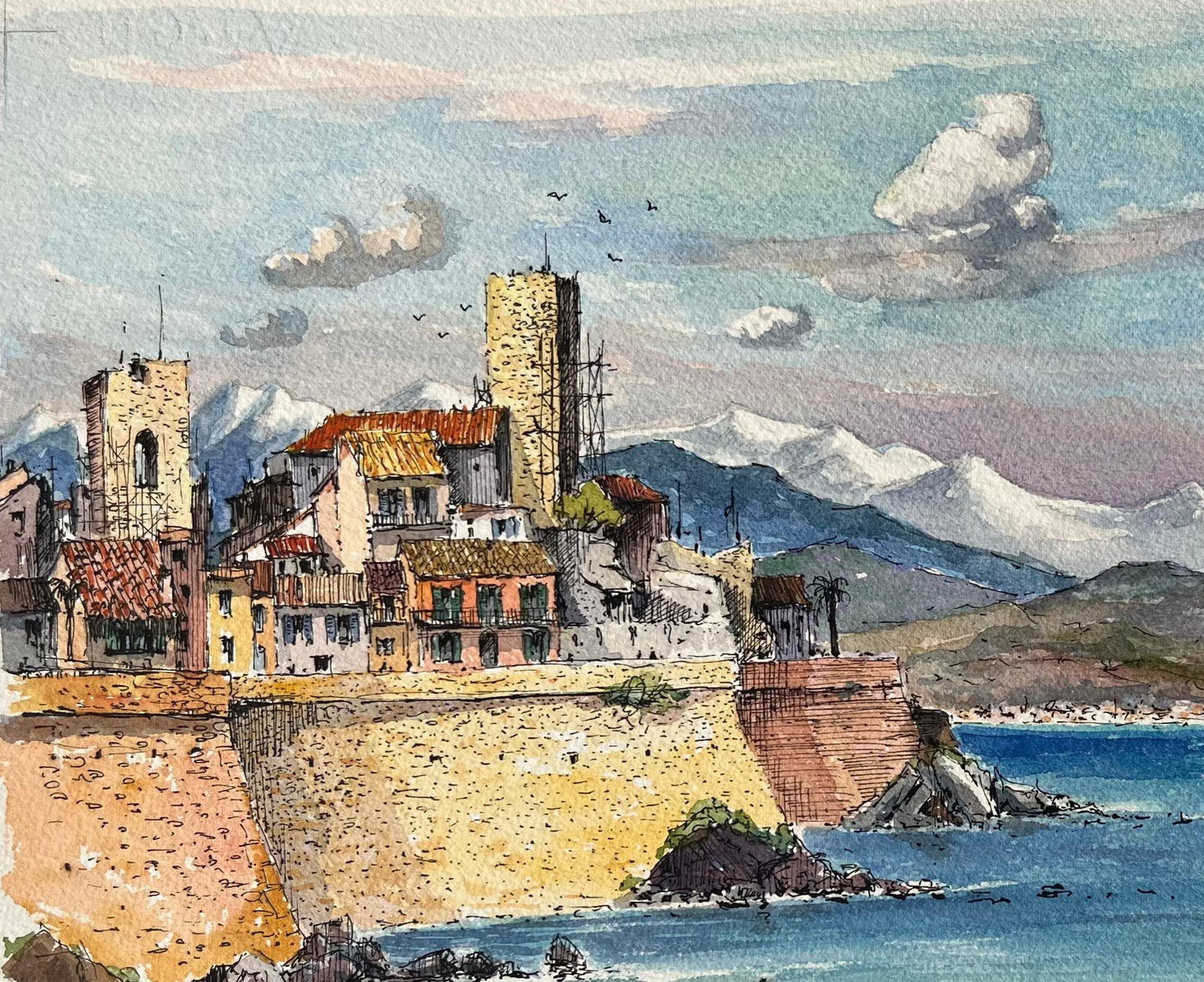 Robert Lepine (1929 - 2017); French Watercolor of Antibes Coastline with Fortified Walls and - 7