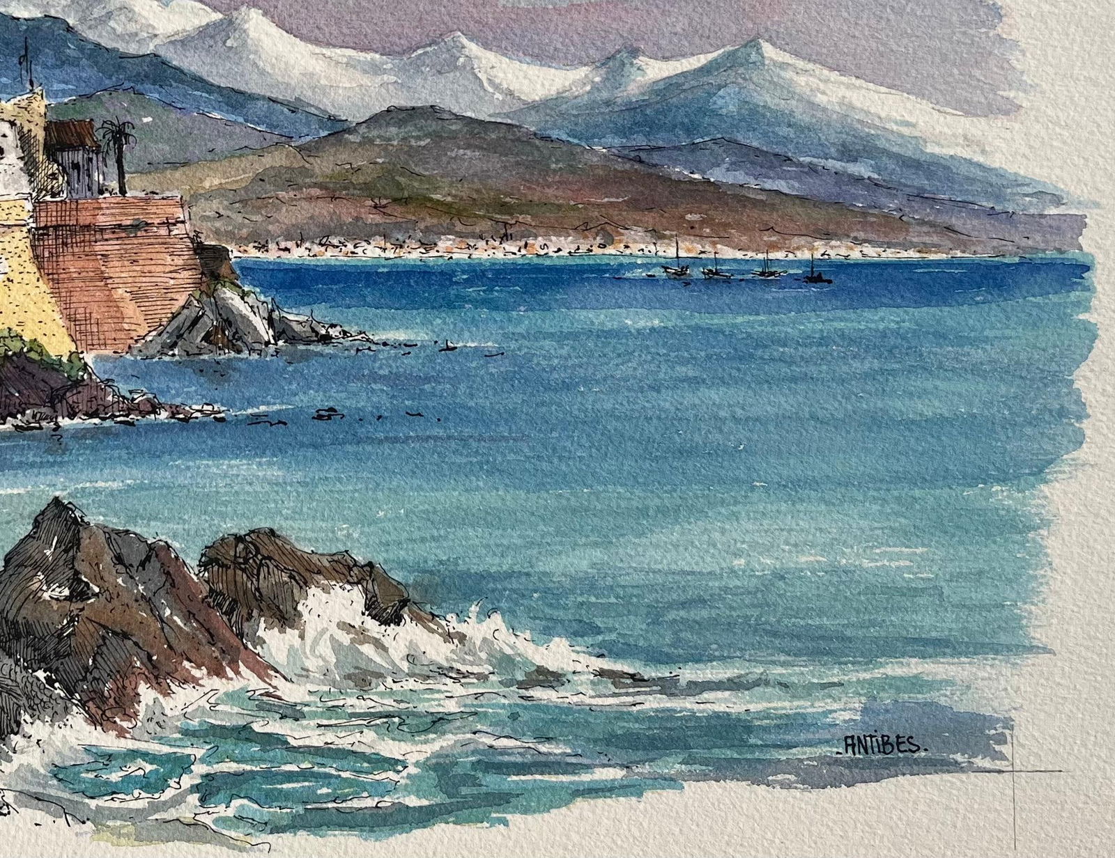 Robert Lepine (1929 - 2017); French Watercolor of Antibes Coastline with Fortified Walls and - 2