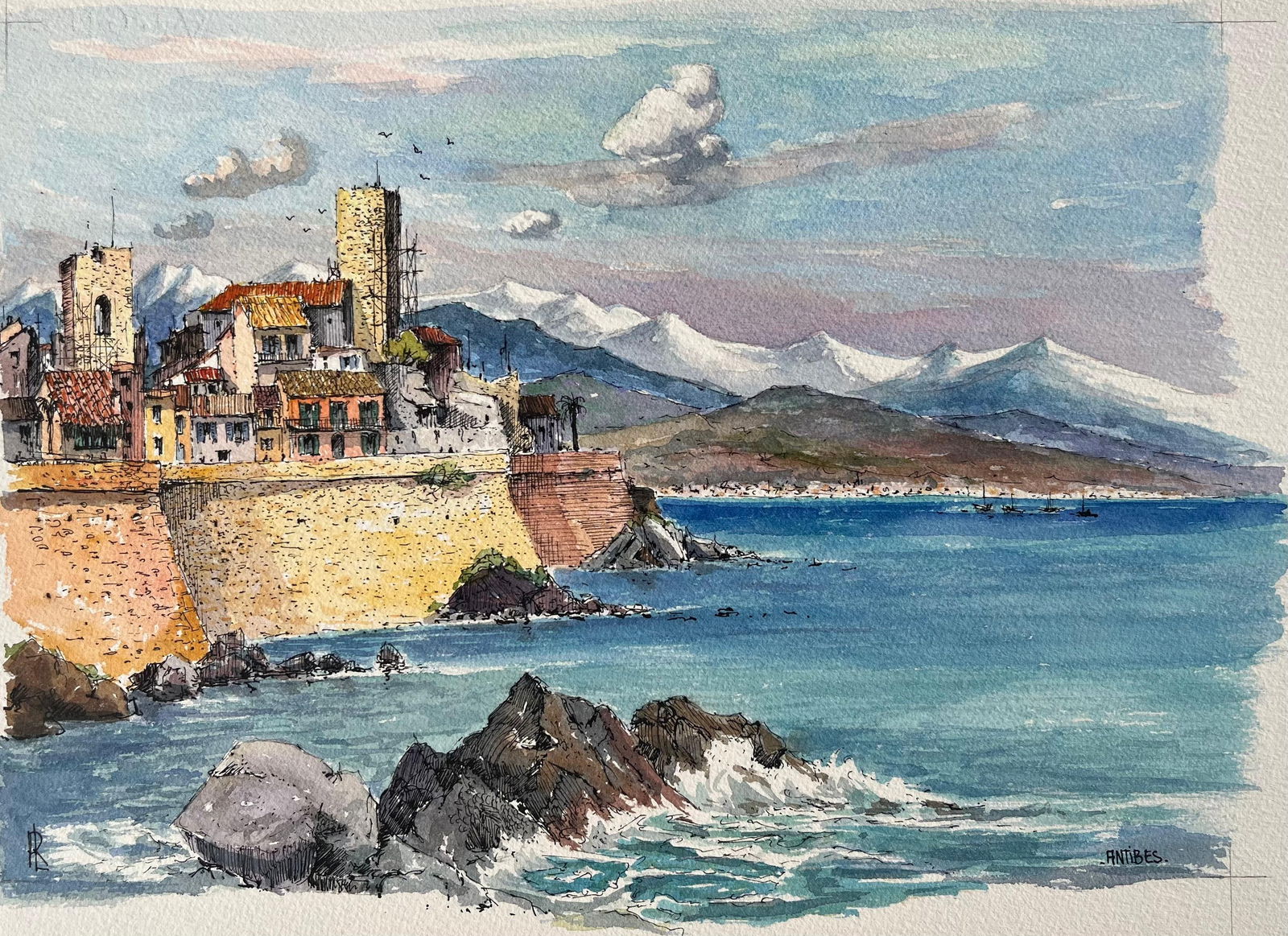 Robert Lepine (1929 - 2017); French Watercolor of Antibes Coastline with Fortified Walls and - 4
