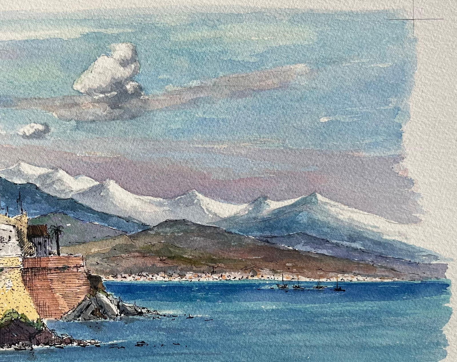 Robert Lepine (1929 - 2017); French Watercolor of Antibes Coastline with Fortified Walls and - 6