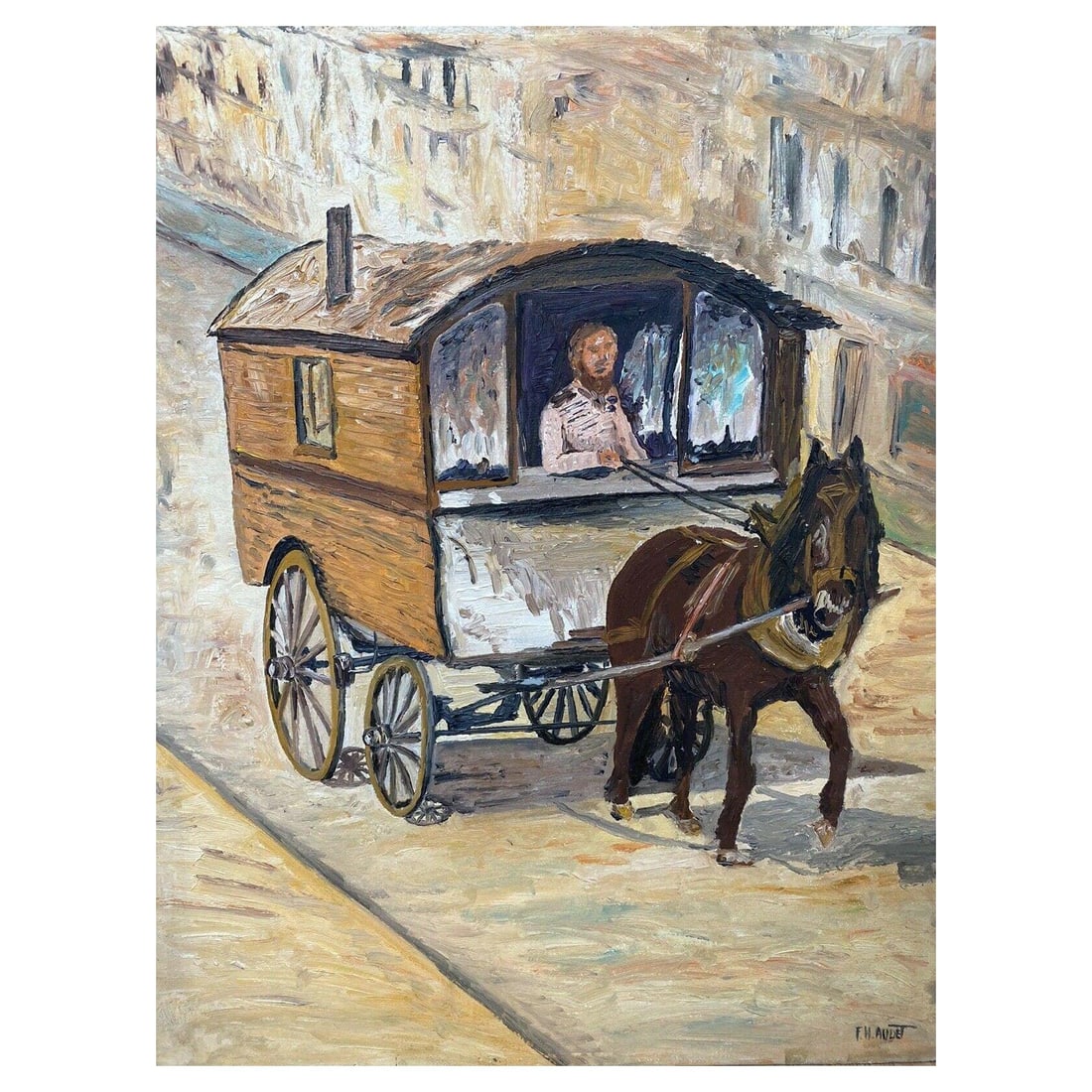 Fernand Audet French Impressionist Oil, Horse Towing Caravan, Mid-20th Century - 4