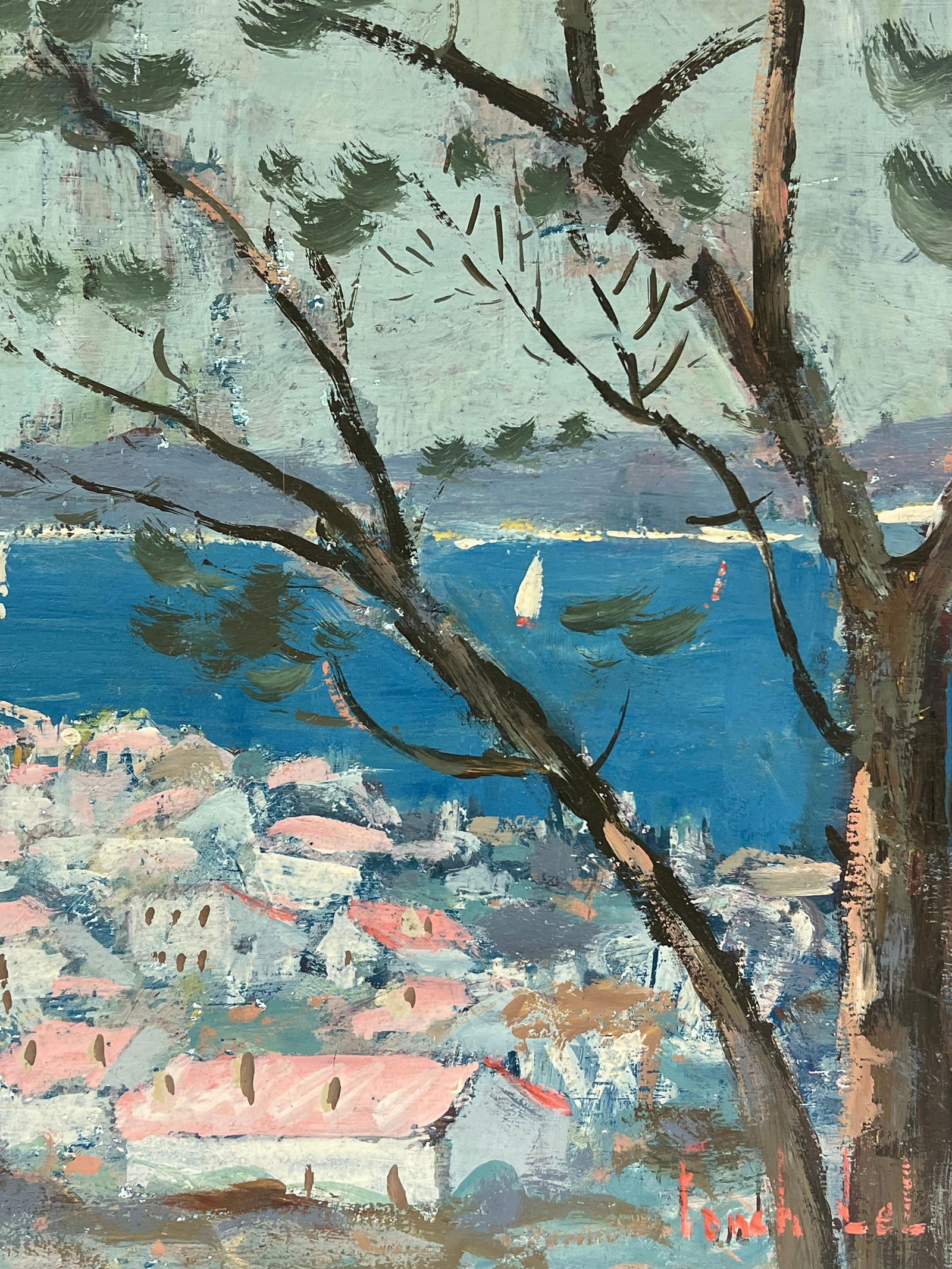 Fanch Lel; French Impressionist Provence Seaside Village with Sailboats on the Horizon, 1999 - 9