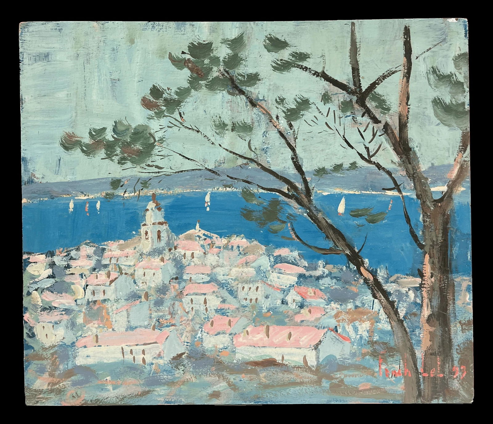 Fanch Lel; French Impressionist Provence Seaside Village with Sailboats on the Horizon, 1999 - 5