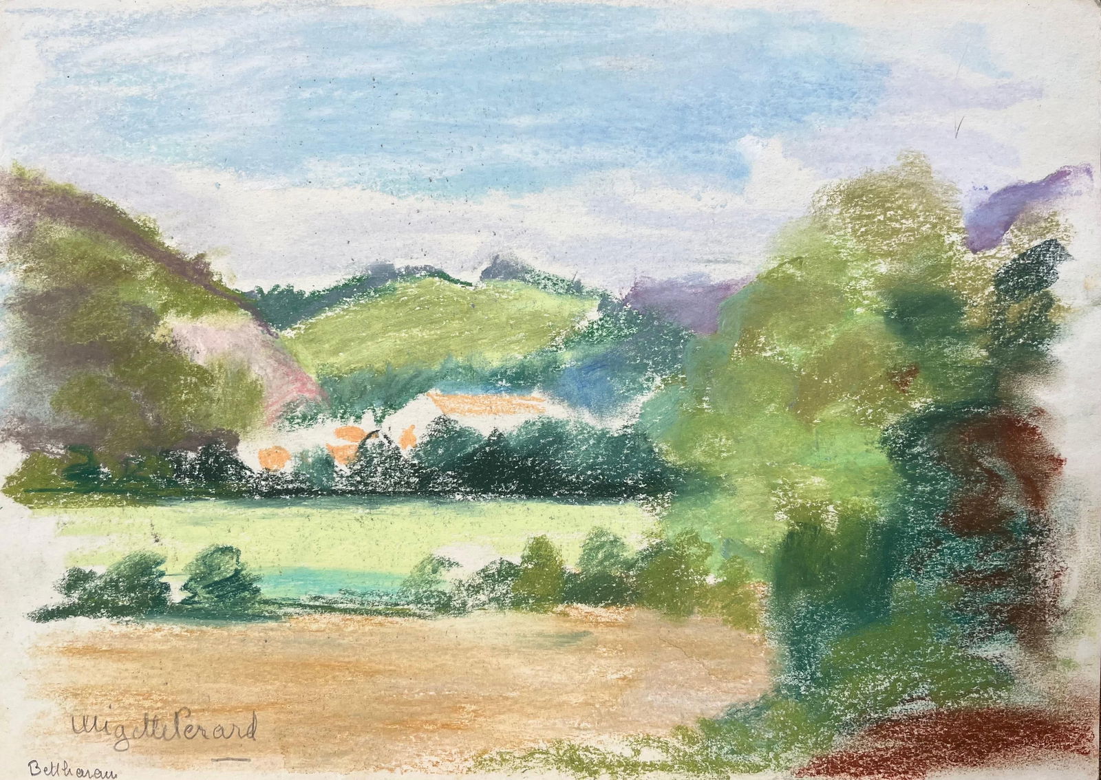 Anne Marie Migette Perard; Mid-20th Century French Pastel Landscape of Bethonvilliers Village in: Title: Anne Marie Migette Perard; Mid-20th Century French Pastel Landscape of Bethonvilliers Village in Hills Description: Title: Mid-Century French Pastel Landscape of Birch Trees in Summer Light by