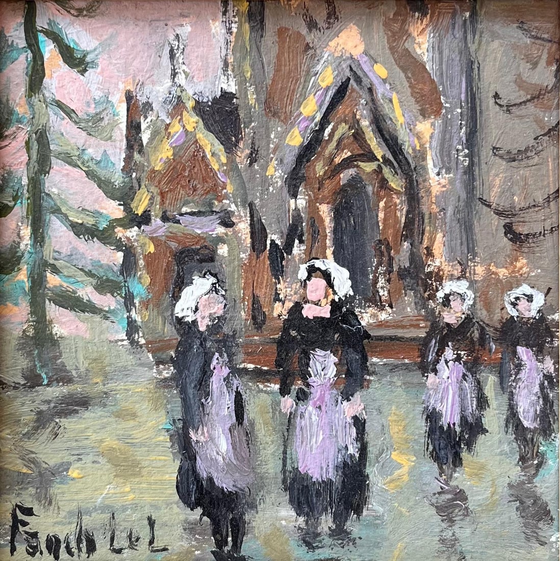 Fanch Lel; Impressionist Scene of Breton Churchgoers Leaving Mass in Traditional Dress, 2007: Title: Fanch Lel; Impressionist Scene of Breton Churchgoers Leaving Mass in Traditional Dress, 2007 Description: Title: French Abstract Port Scene Framed by Sailing Boats and Classic Town Architecture