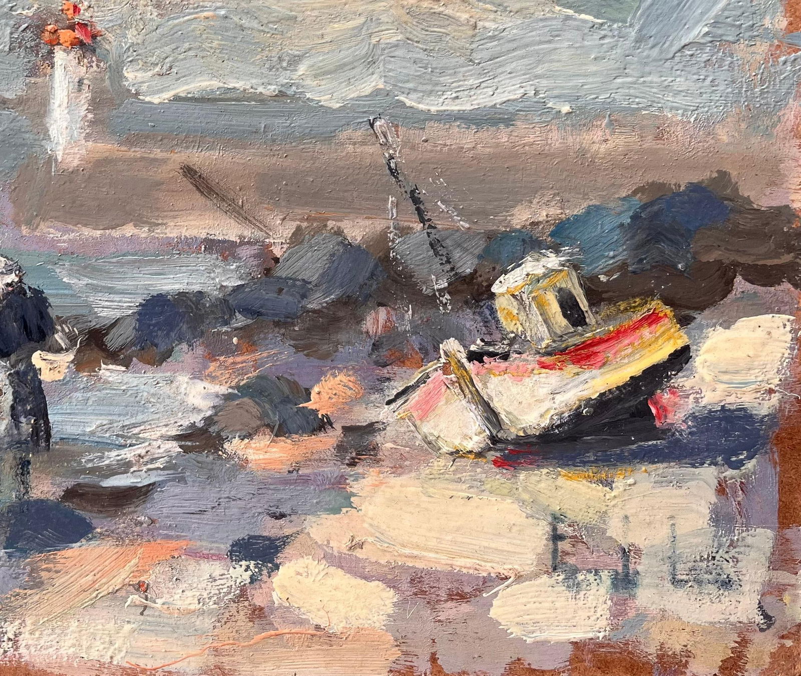 Fanch Lel; Impressionist Coastal Fishing Scene with Lighthouse and Beached Boat in Erquy - 10