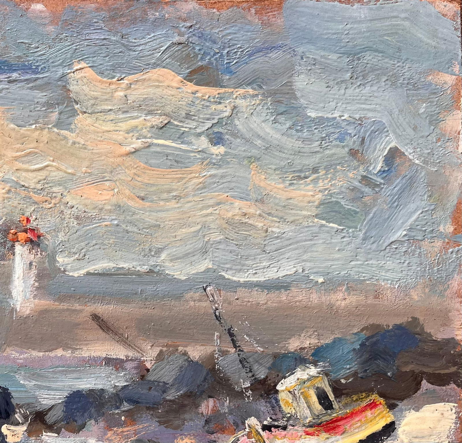 Fanch Lel; Impressionist Coastal Fishing Scene with Lighthouse and Beached Boat in Erquy - 12