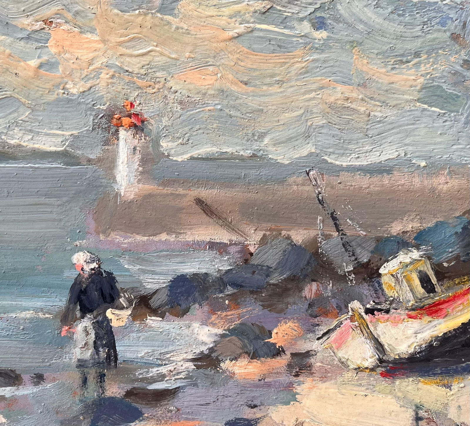 Fanch Lel; Impressionist Coastal Fishing Scene with Lighthouse and Beached Boat in Erquy - 13