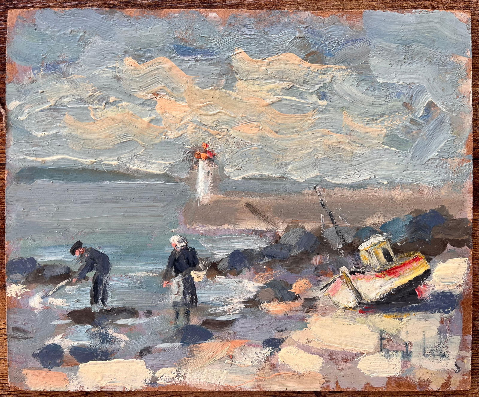 Fanch Lel; Impressionist Coastal Fishing Scene with Lighthouse and Beached Boat in Erquy - 16