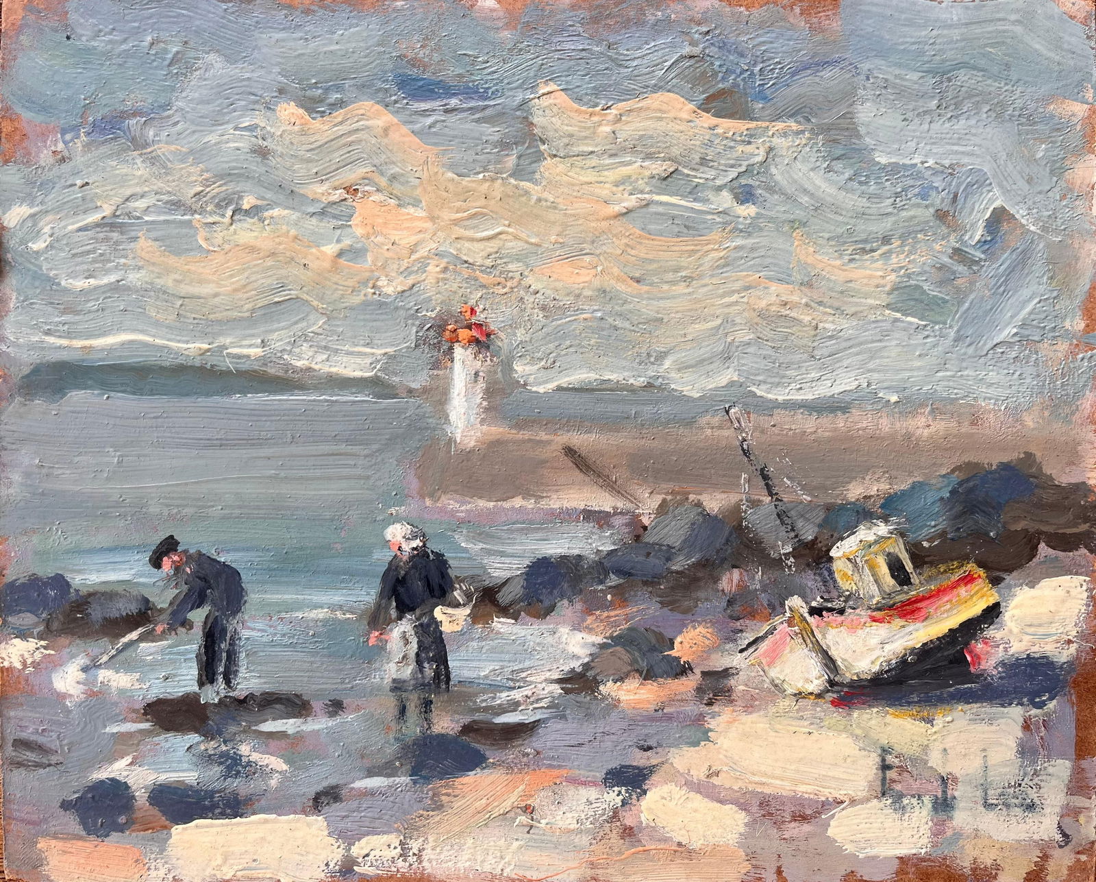 Fanch Lel; Impressionist Coastal Fishing Scene with Lighthouse and Beached Boat in Erquy: Title: Fanch Lel; Impressionist Coastal Fishing Scene with Lighthouse and Beached Boat in Erquy Description: Title: Impressionist Coastal Scene of Fishing Boats at Low Tide with Bridge View By Fanch L