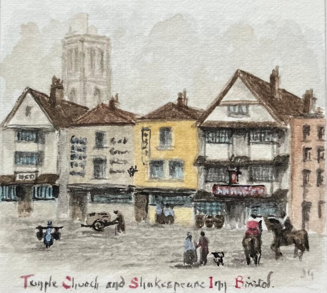 Jack Grunwell; Historic Miniature Watercolor of Temple Church and Shakespeare Inn in Bristol: Title: Jack Grunwell; Historic Miniature Watercolor of Temple Church and Shakespeare Inn in Bristol Description: Abstract Expressionist Composition signed by Gilbert Pelissier (French born 1924) oil p