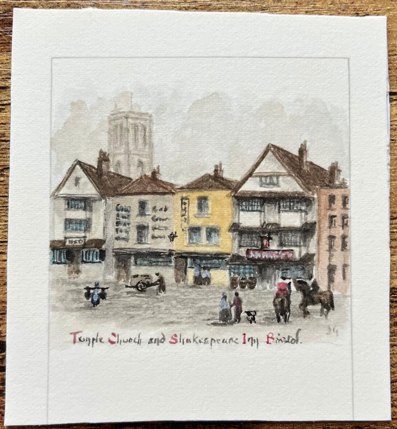 Jack Grunwell; Historic Miniature Watercolor of Temple Church and Shakespeare Inn in Bristol - 3