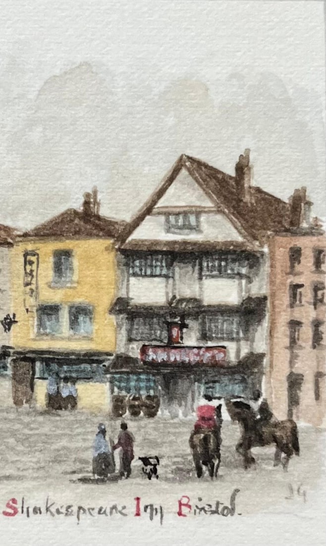 Jack Grunwell; Historic Miniature Watercolor of Temple Church and Shakespeare Inn in Bristol - 4