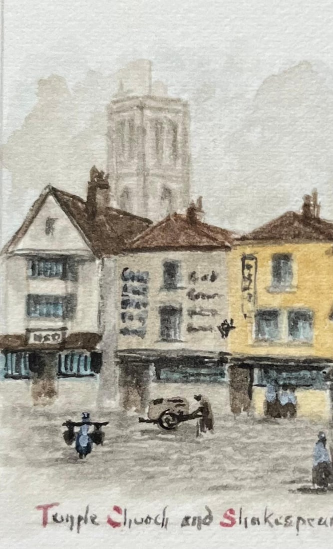 Jack Grunwell; Historic Miniature Watercolor of Temple Church and Shakespeare Inn in Bristol - 5