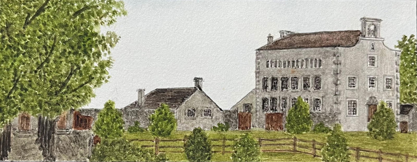 Jack Grunwell; Historic Miniature Watercolor of John Wesley’s School in Kingswood: Title: Jack Grunwell; Historic Miniature Watercolor of John Wesley’s School in Kingswood Description: The River Valley French School, late 19th/ early 20th century oil on canvas, framed framed: