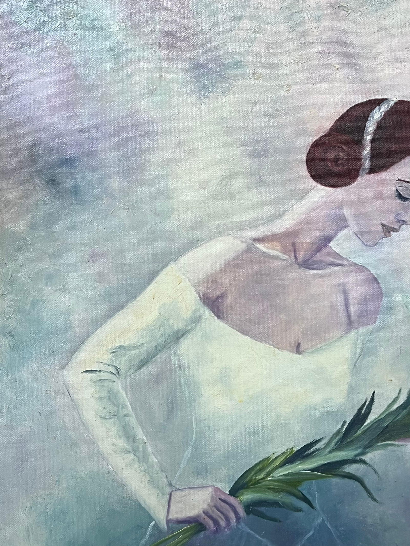 Annie Faure; Elegant Bride In Blue Sky Setting Holding a Lily 20th Century French Oil - 8