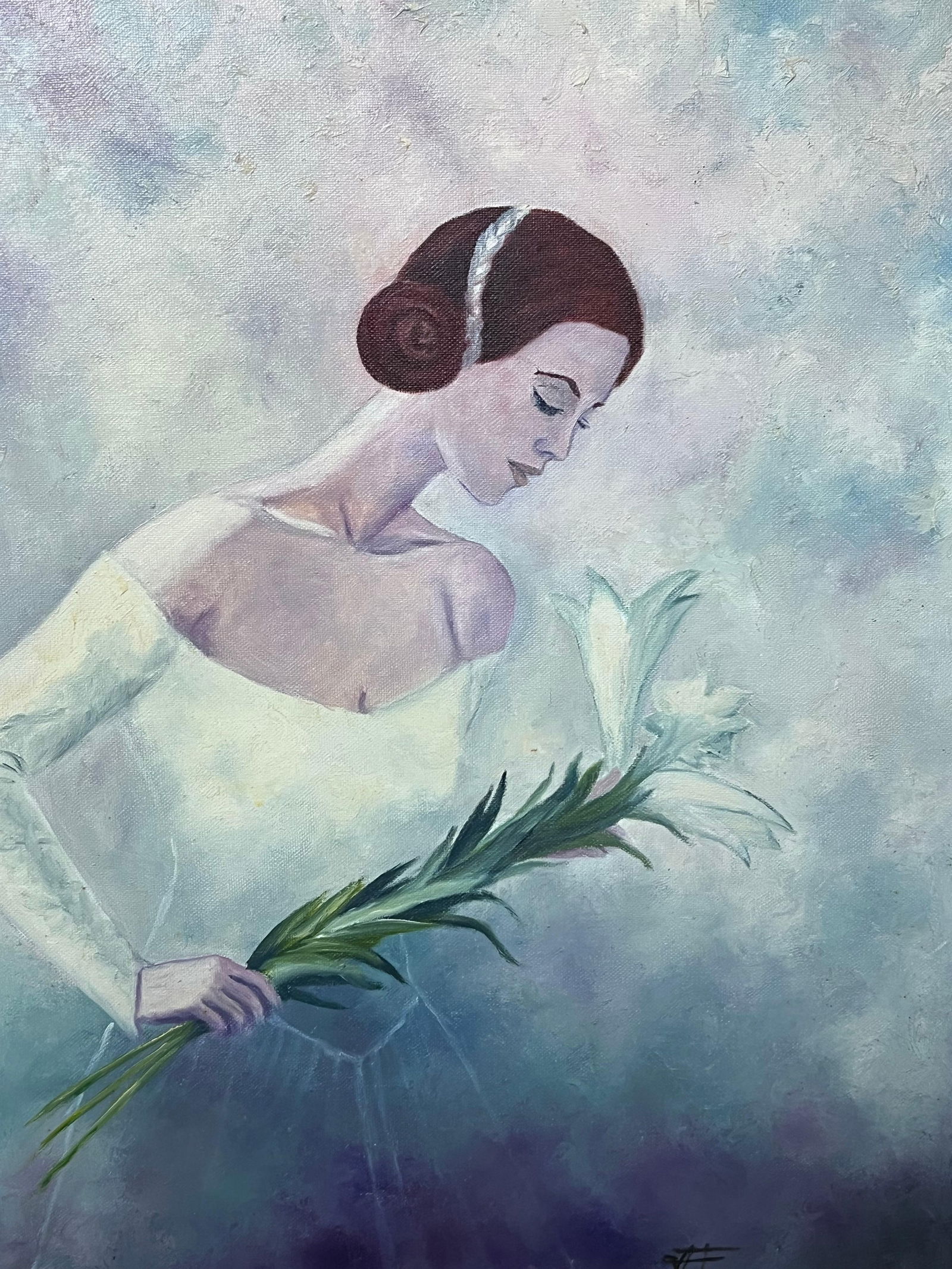 Annie Faure; Elegant Bride In Blue Sky Setting Holding a Lily 20th Century French Oil - 9