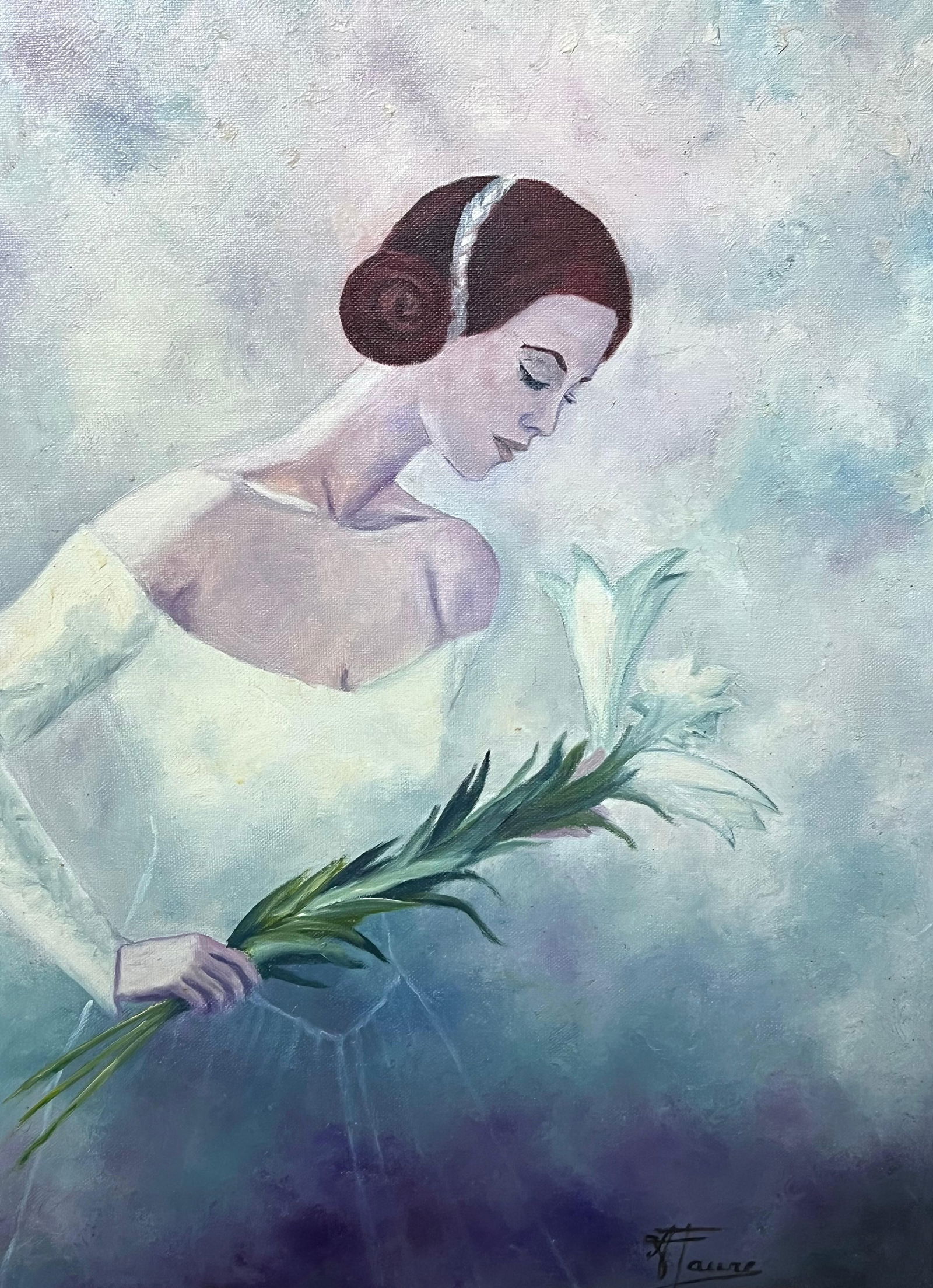 Annie Faure; Elegant Bride In Blue Sky Setting Holding a Lily 20th Century French Oil - 10