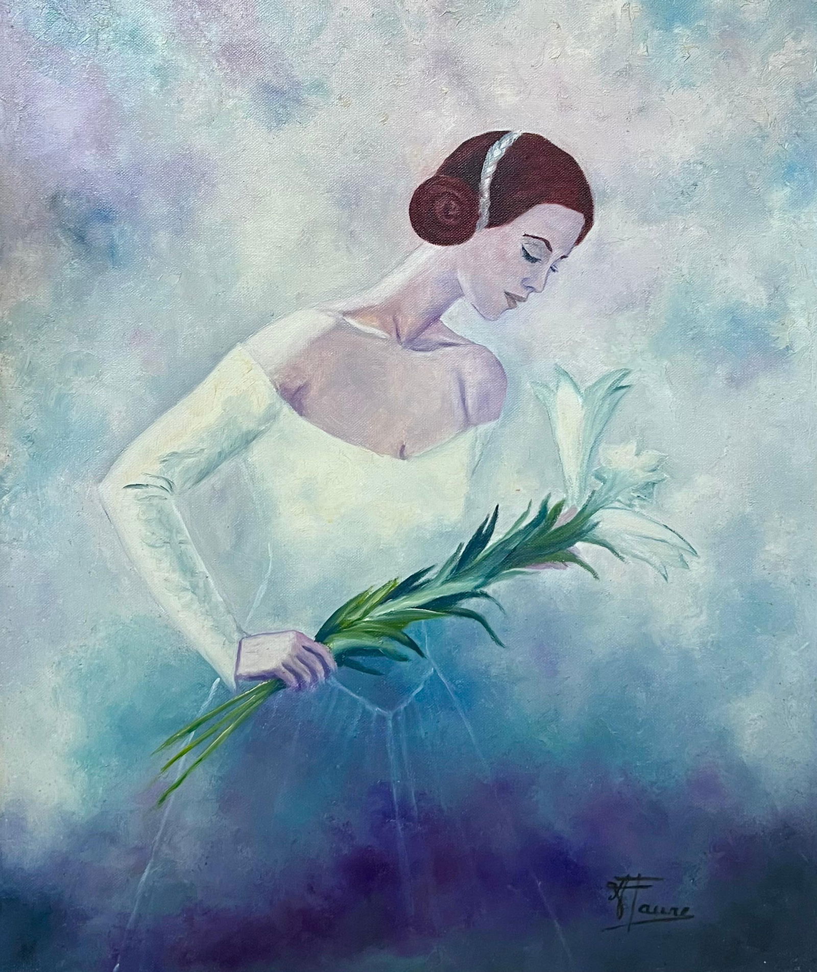 Annie Faure; Elegant Bride In Blue Sky Setting Holding a Lily 20th Century French Oil - 4