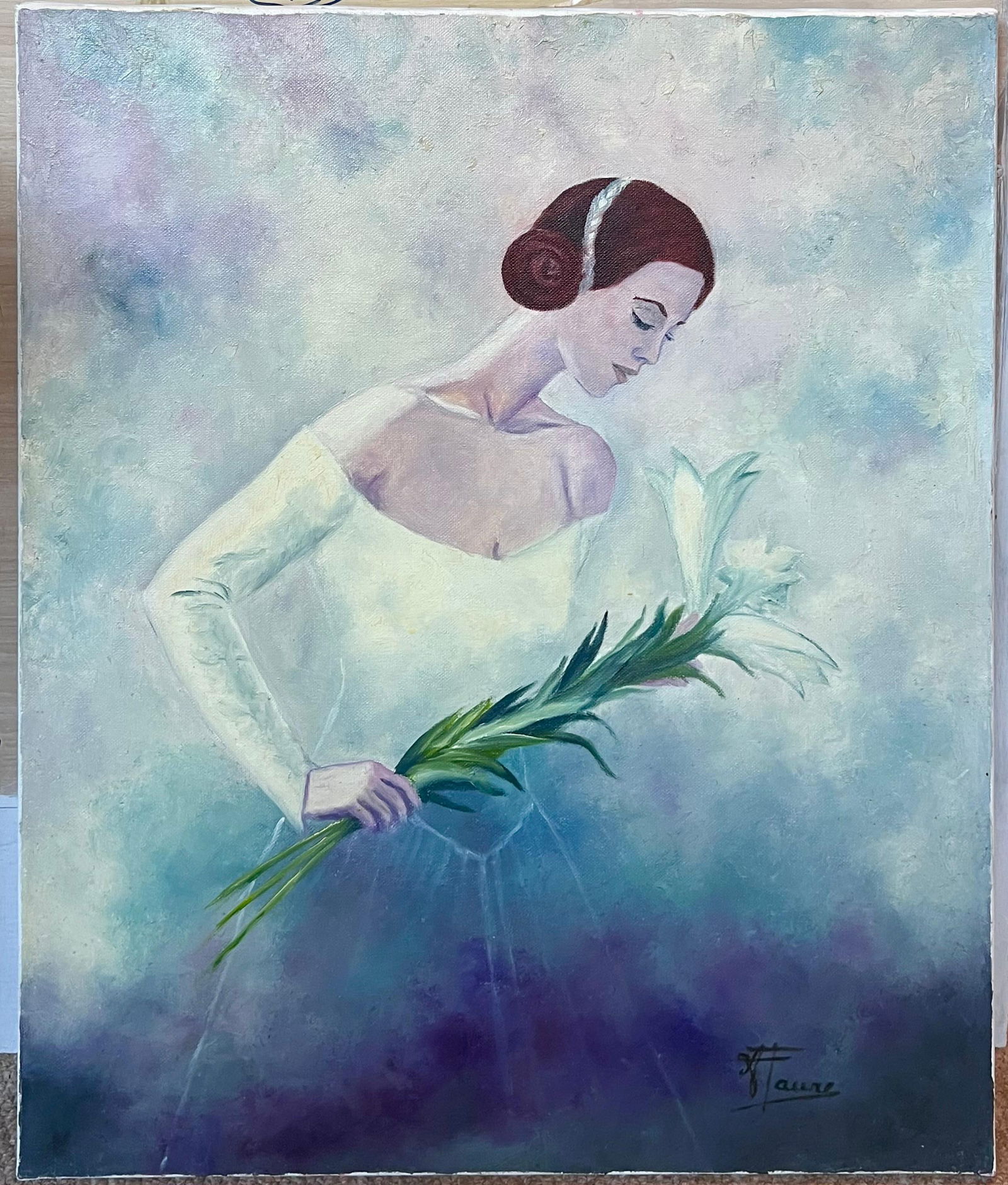 Annie Faure; Elegant Bride In Blue Sky Setting Holding a Lily 20th Century French Oil - 5
