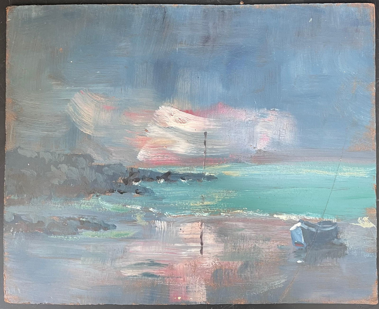 Fanch Lel; Lonely Blue Sailing Boat in Turquoise Bright Sea Landscape French Oil Painting, 19th - 8