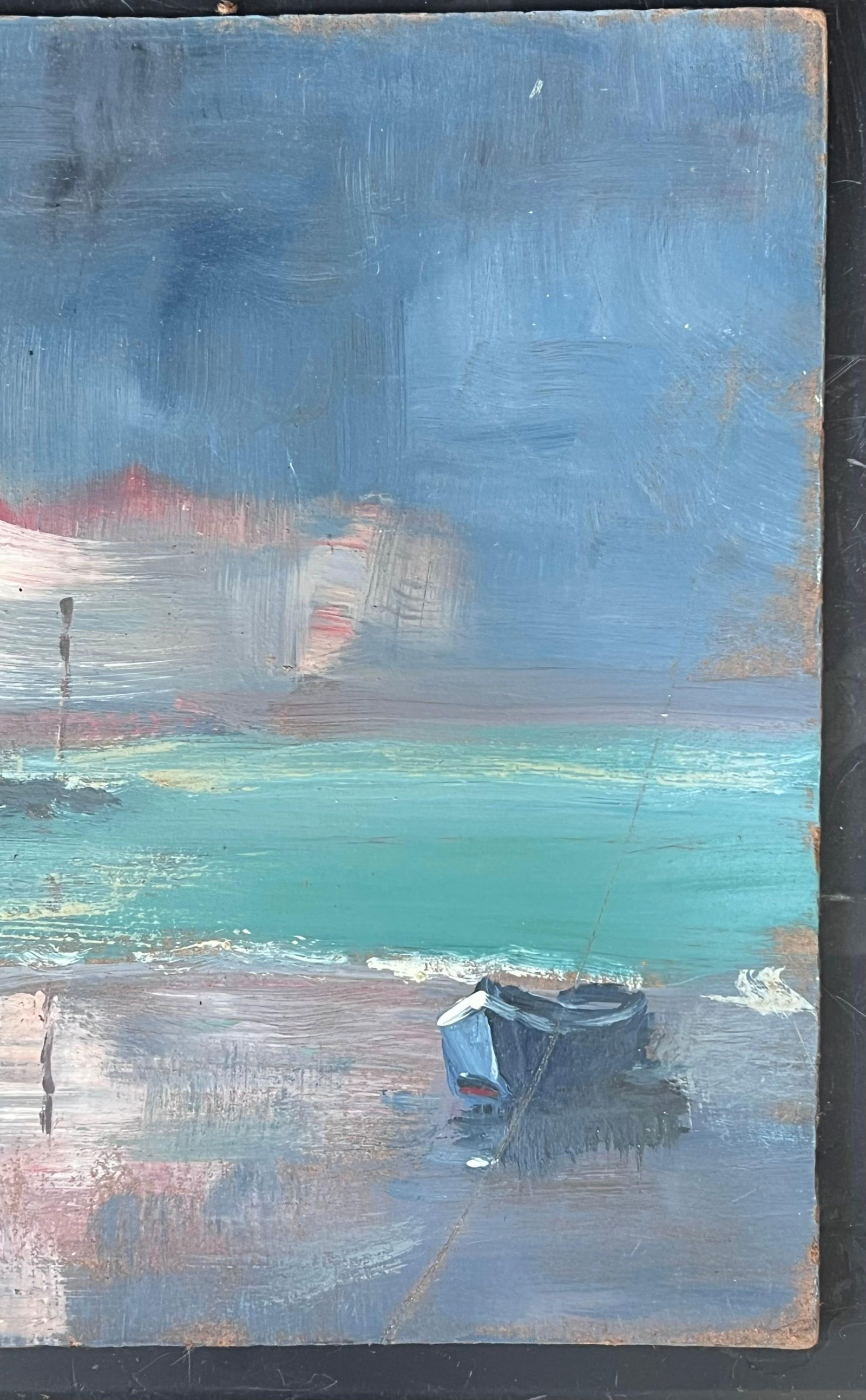 Fanch Lel; Lonely Blue Sailing Boat in Turquoise Bright Sea Landscape French Oil Painting, 19th - 10