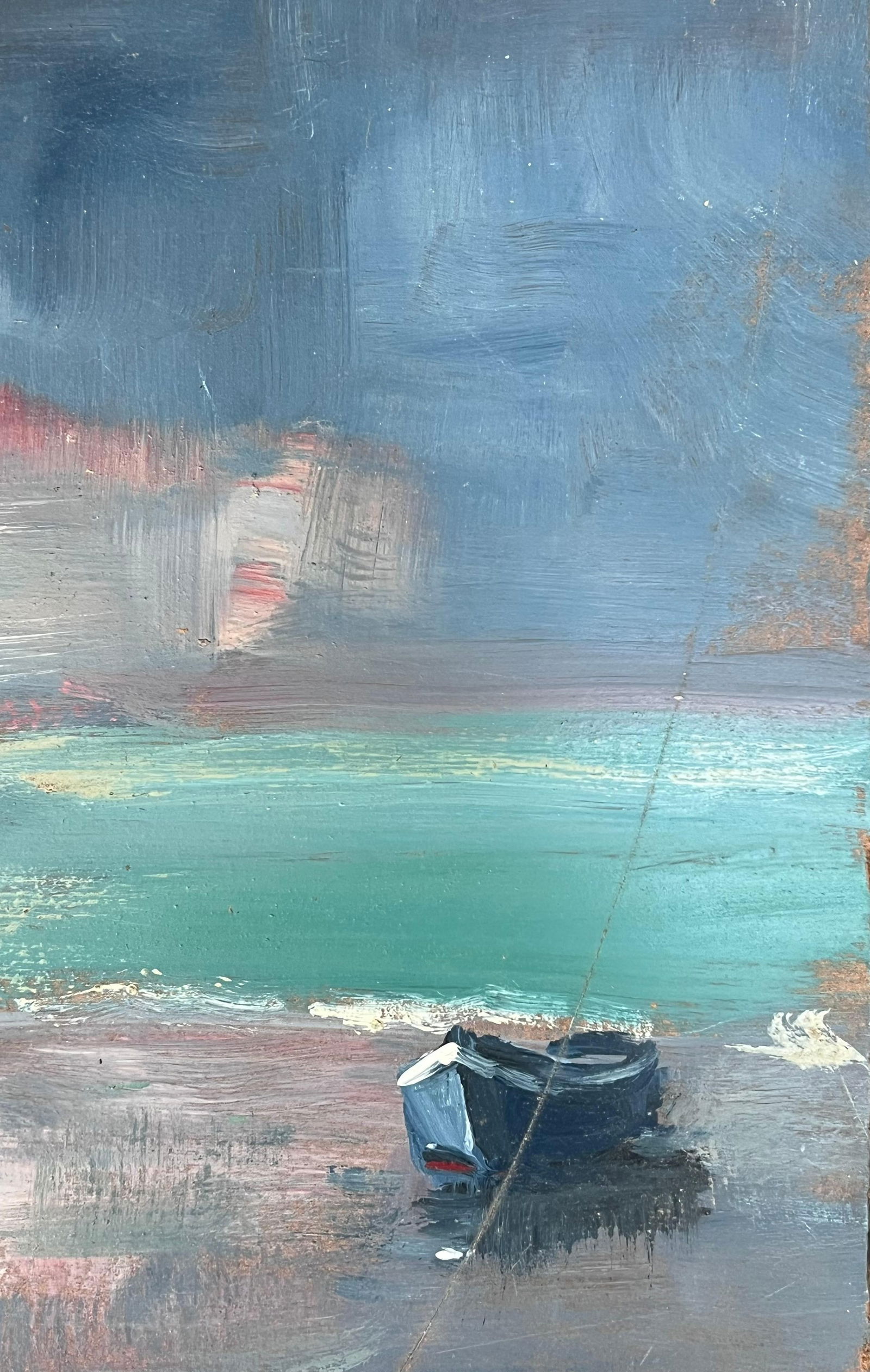 Fanch Lel; Lonely Blue Sailing Boat in Turquoise Bright Sea Landscape French Oil Painting, 19th - 13