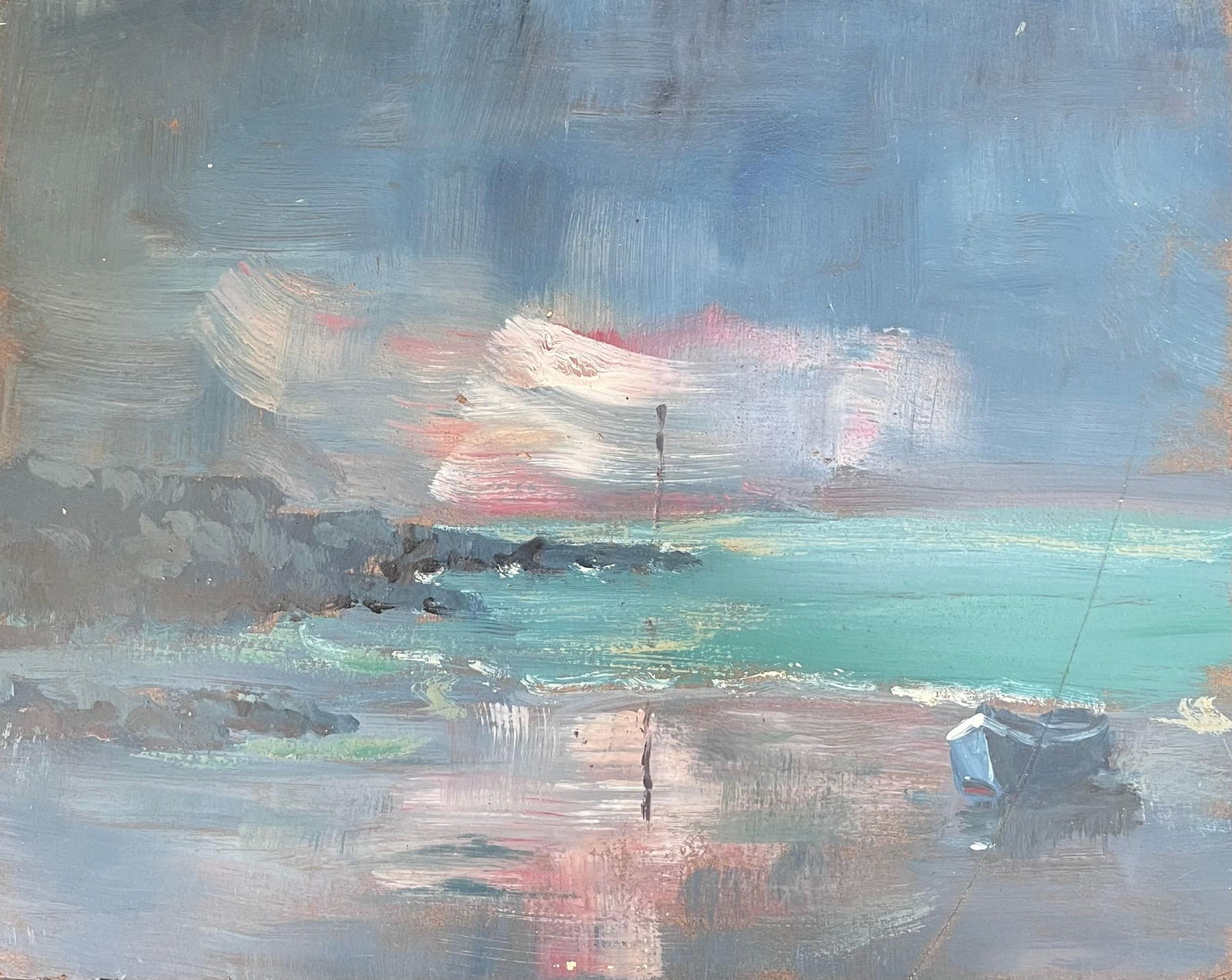 Fanch Lel; Lonely Blue Sailing Boat in Turquoise Bright Sea Landscape French Oil Painting, 19th: Title: Fanch Lel; Lonely Blue Sailing Boat in Turquoise Bright Sea Landscape French Oil Painting, 19th Century Description: Title: French Harbour Scene with Moored Boats and Village Houses at Sunset