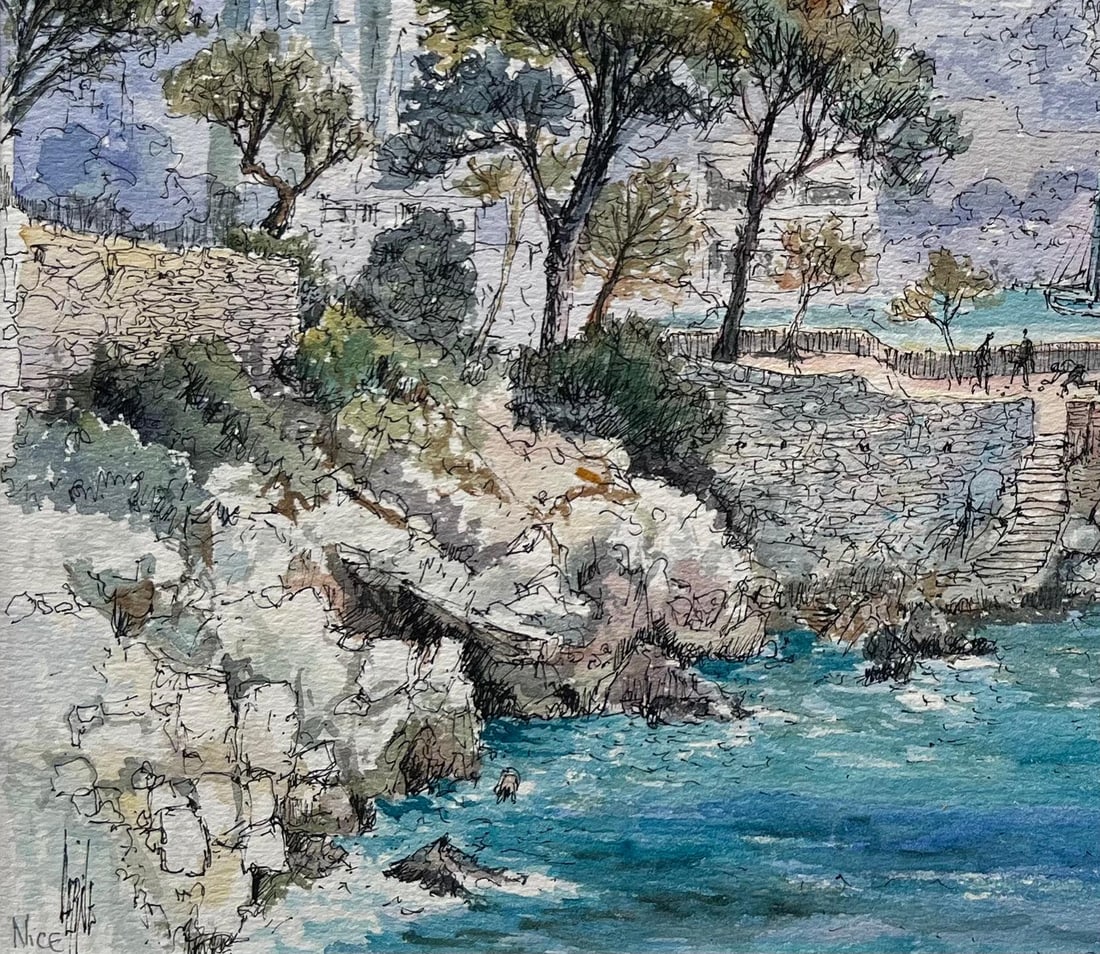 Robert Lepine (1929 - 2017); French Watercolor of Coastal Cliffside in Nice with Trees and Sailboat, - 9