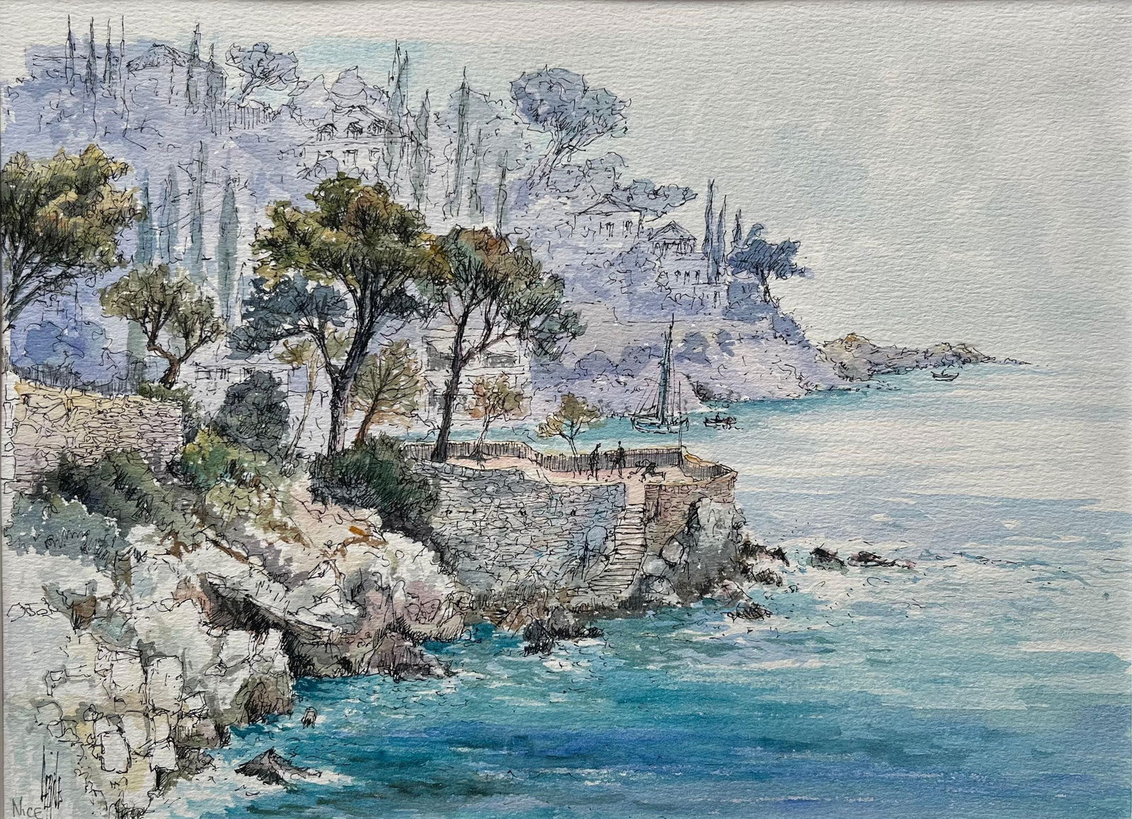 Robert Lepine (1929 - 2017); French Watercolor of Coastal Cliffside in Nice with Trees and Sailboat, - 4