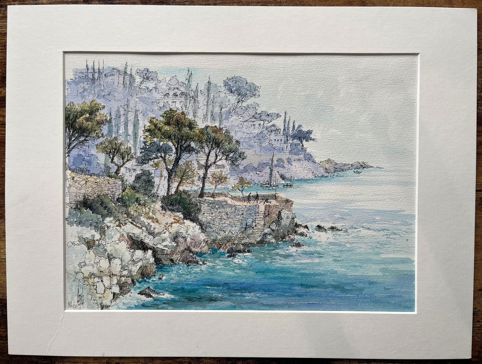 Robert Lepine (1929 - 2017); French Watercolor of Coastal Cliffside in Nice with Trees and Sailboat, - 5