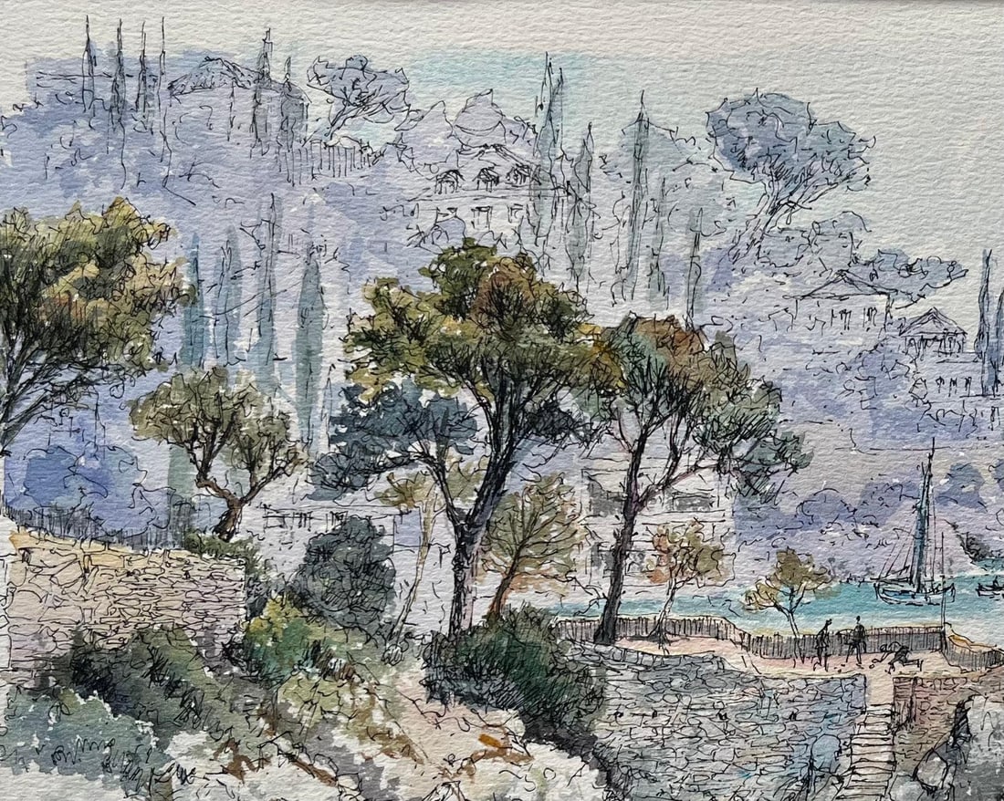 Robert Lepine (1929 - 2017); French Watercolor of Coastal Cliffside in Nice with Trees and Sailboat, - 6