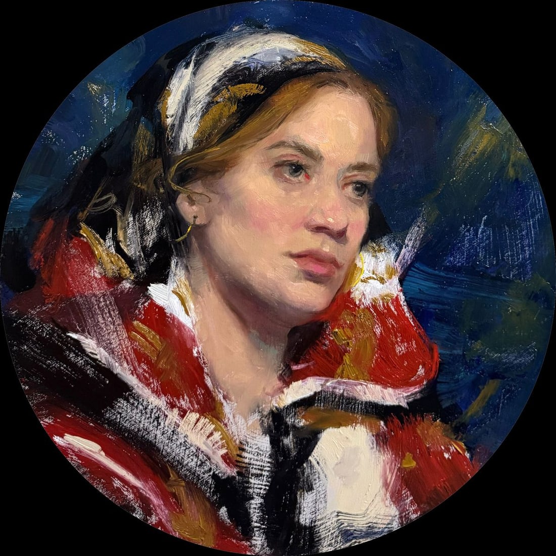 Oil painting Bea looks into the Distance Annam Butt: Title: Oil painting Bea looks into the Distance Annam Butt Description: NoButt 6 A luminous study painted from life, Bea's portrait captures the balance between contemplation and colour. The brushwork